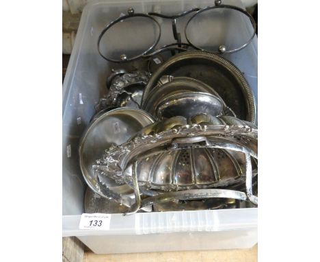 A box of plated ware to include serving trays, food covers, coasters, teapot (qty).