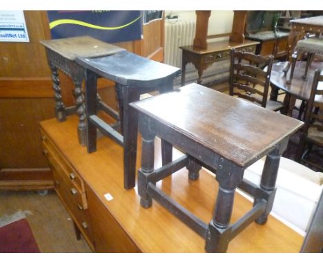An antique Georgian style oak joint stool, with turned ring supports and stretcher bars, further joint stool with thumbnail d