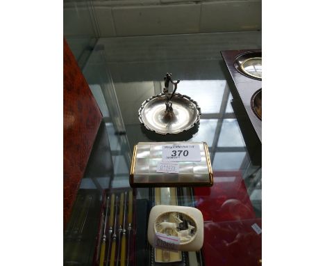A Chester hallmarked silver ring tidy together with a bone brooch decorated with two stags and a mother of pearl mounted comp