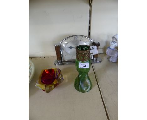 An Art Deco chrome mantel clock, together with a Murano Somerso glass bowl and Loetz style vase.