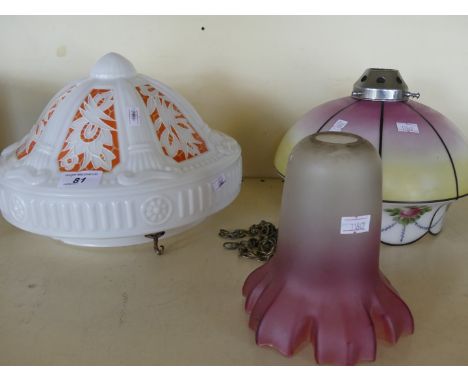 Three early 20th Century glass light shades, to include a moulded pendant opaline glass shade, a second pendant shade decorat