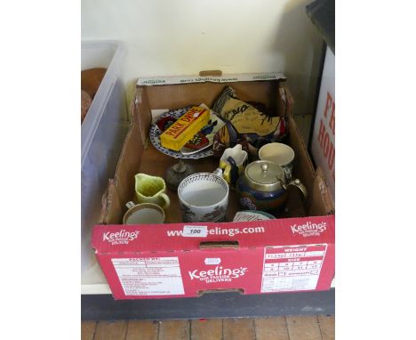 A box of assorted ceramics, to include a 19th Century Pratt & Co tankard decorated with panels depicting a bridge and cattle,