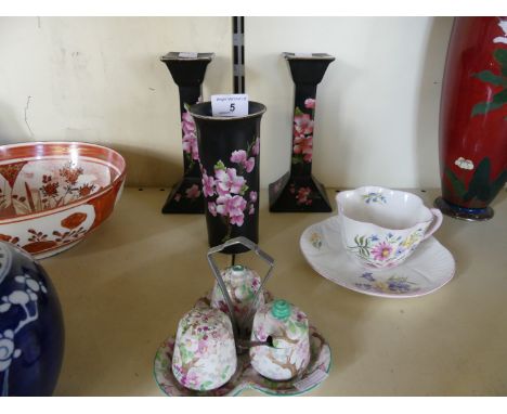 An Art Deco Shelley Maytime cruet set, together with three pieces of Carltonware etc.