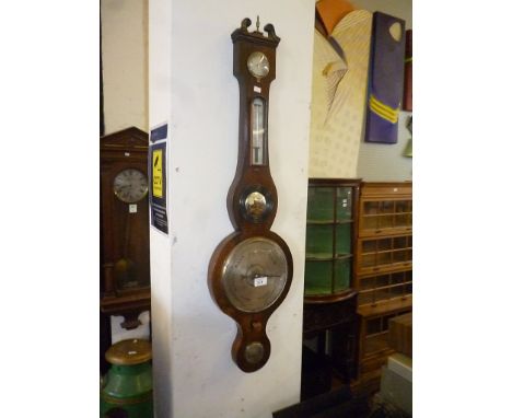 A mahogany framed banjo barometer, early to mid 19th Century, with circular silvered dial and Arabic numerals, convex mirror,