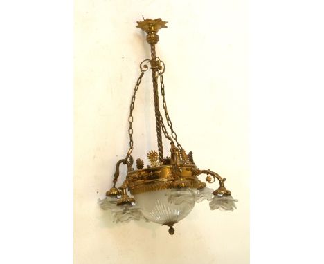 A French gilt metal and glass six branch ceiling light, late 20th CenturyThe central frosted cut glass bowl flanked by lights