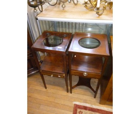 Two mahogany washstands both with single shelf above single drawer.