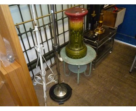 An Arts & Crafts Majolica jardiniere stand, possibly Bretby, together with a mid Century retro chrome tea trolley, a late Vic
