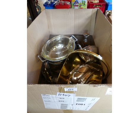 A box of brass and plated ware, to include three piece tea service, swing handle cake baskets, oak barleytwist candlesticks, 
