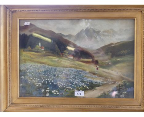R Furness (1915) - figure on a pathway with a church and dwellings in the distance, within a mountainous landscape, oil paint