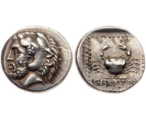 Carian Islands, Kos, Silver Tetradrachm (15.24 g, 5h), 350-345 BC. Magistrate Theodotos. Head of Herakles facing left, wearin