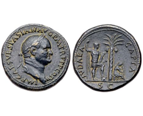 Vespasian. Æ Sestertius (26.38 g), AD 69-79. 'Judaea Capta' type. Rome, AD 71. IMP CAES VESPASIAN AVG P M TR P P P COS III, l