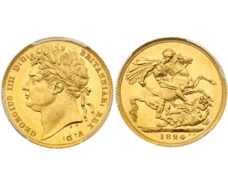 George IV (1820-30). Gold Sovereign, 1824, first laureate head left, B.P. for Benedetto Pistrucci below neck, legend and toot