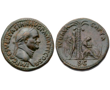 Vespasian. Æ Sestertius (28.46 g), AD 69-79. Judaea Capta type. Rome, AD 71. IMP CAES VESPASIAN AVG P M TR P P P COS III, lau