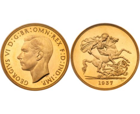 George VI (1936-52), Gold Proof Five Pounds, 1937. Bare head facing left, tiny HP below for designer Humphrey Paget, legend a