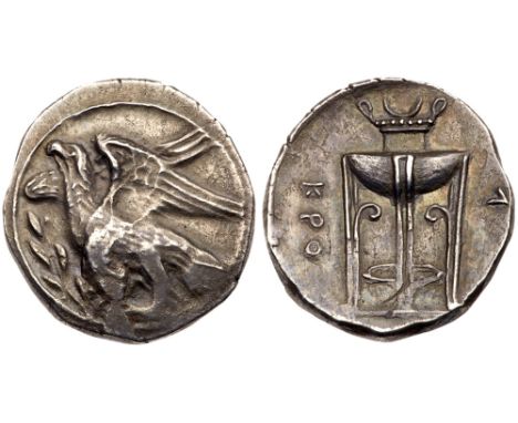Bruttium, Kroton. Silver nomos (7.66 g), ca. 350-300. Eagle, with open wings and head raised, standing left on olive branch. 