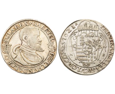 Silver Taler/Tallér, 1621 KB, 27.74g. Körmöcbánya/Kremnitz. Armored half-figure right, scepter over shoulder,small shields in