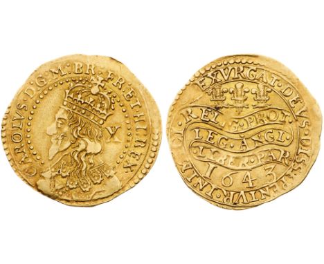 Charles I (1625-49). Gold Half Unite or Double Crown of ten shillings, 1643, Oxford mint, crowned bust of king left to edge o