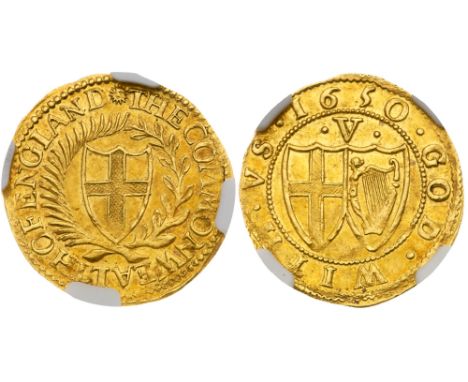 Commonwealth (1649-60). Gold Crown of five shillings, 1650, 50 struck over 49, no stops on obverse, English shield within lau