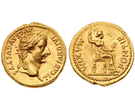 Tiberius. Gold Aureus (7.82 g, 6h), AC 14-37. Mint of Lugudnum. TI CAESAR DIVI AVG F AVGVSTVS, laureate head facing right. Re