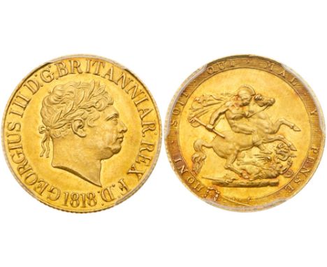 George III (1760-1820). Gold Sovereign, 1818, ascending colon in legend, first laureate head right, date below, Latin legend 