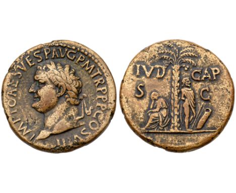 Titus. Æ (orichalcum) Sestertius (23.90 g), AD 79-81. Judaea Capta type. Rome, AD 80. IMP T CAES VESP AVG P M TR P COS VIII, 