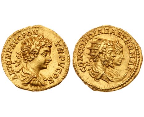 Caracalla, with Septimius Severus and Julia Domna. Gold Aureus (7.36 g, 6h), AD 198-217. Mint of Rome, A.D. 202. ANTON P AVG 