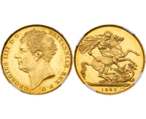 George IV (1820-30). Gold Two Pounds, 1823, bare head left, tiny J.B.M. below truncation for engraver Jean Baptiste Merlen, a