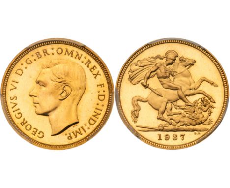 George VI (1936-52), Gold Proof Sovereign, 1937. Bare head facing left, tiny HP below for designer Humphrey Paget, legend and
