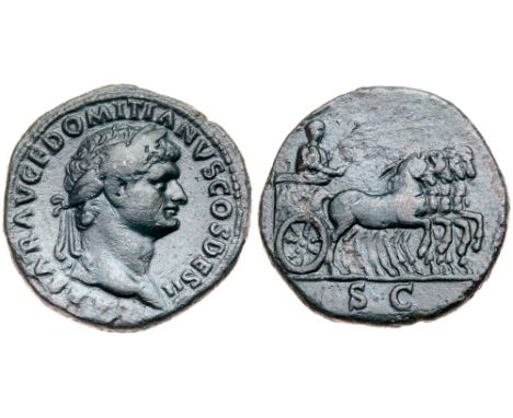 Domitian. Æ As (10.61 g), as Caesar, AD 69-81. Rome, AD 72. CAESAR AVG F DOMITIANVS COS DES II, laureate head of Domitian rig