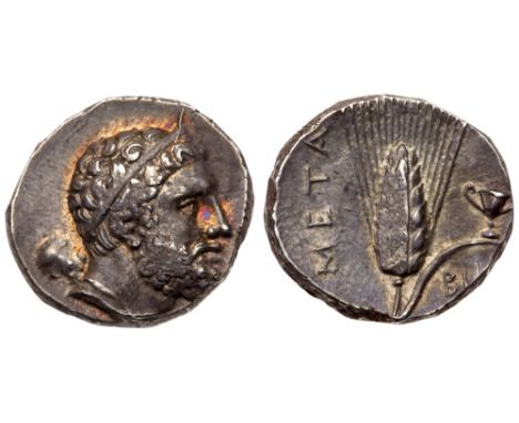 Lucania, Metapontum, ca. 280 BC. AR Nomos (7.84 g). Bearded head of Herakles r., wearing thin hair band over curled hair; clu