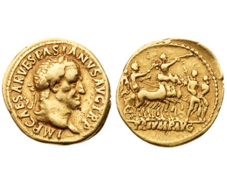 Vespasian. Gold Aureus (7.23 g), AD 69-79. Judaea Capta type. Lugdunum, AD 71. IMP CAESAR VESPASIANVS AVG TR P, laureate head