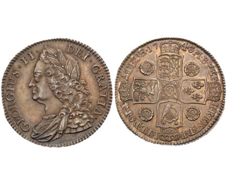 George II (1727-60). Silver Halfcrown, 1743, older laureate and draped bust left, legend and toothed border surrounding, GEOR