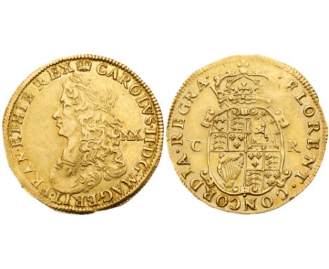 Charles II (1660-85). Gold Unite of twenty shillings, second hammered issue (1661-62), laureate and draped bust left, mark of