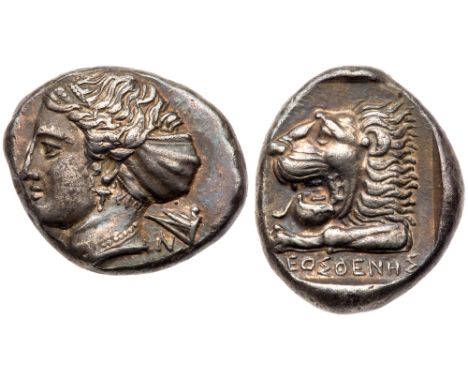 Caria, Knidos. Silver Tetradrachm (15.05 g), ca. 395-380 BC. Kleosthenes, magistrate. [K]-N[I], Head of Aphrodite left, hair 