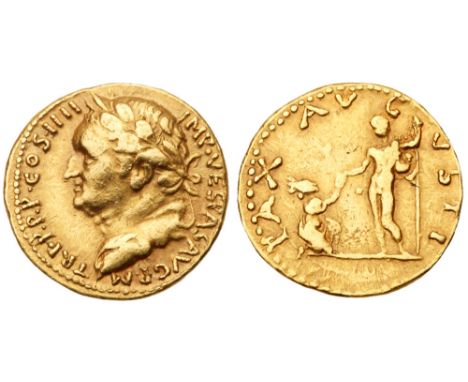 Vespasian. Gold Aureus (7.36 g), AD 69-79. Judaea Capta Issue. Antioch, AD 72/3. IMP VESPAS AVG P M TRI P P P COS IIII, laure