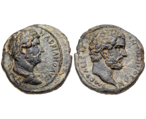 Judaea, Aelia Capitolina (Jerusalem). Hadrian, with Antoninus Pius, as Caesar. Æ (89.02 g), AD 117-138. Laureate, draped and 