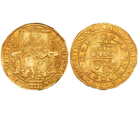 James I (1603-1625). Fine gold Rose Ryal of thirty shillings, Third coinage (1619-25), King in robes seated facing on plain b