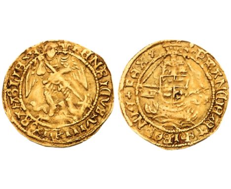 Henry VIII (1509-1547). Gold Quarter-Angel of two shillings, third coinage (1544-47), St Michael slaying dragon right, St Mic