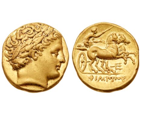 Macedonian Kingdom. Phillip II, 359-336 BC. Gold Stater (8.68g). Mint of Amphipolis, ca. 323/2-315 BC. Laureate head of Apoll