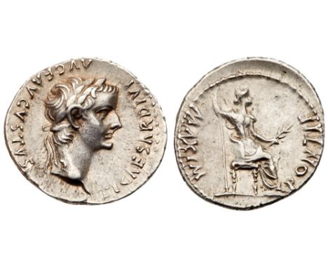 Tiberius, AD 14-37. Silver Denarius (3.78g). Mint of Lugudnum. TI CAESAR DIVI AVG F AVGVSTVS, laureate head of Tiberius right