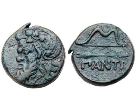 Cimmerian Bosporos, Pantikapaion. Æ (13.48 g), ca. 340-325 BC. Wreathed and bearded head of satyr left. Reverse: ?ANTI, bow a
