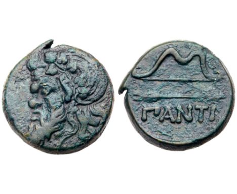 Cimmerian Bosporos, Pantikapaion. Æ (13.48 g), ca. 340-325 BC. Wreathed and bearded head of satyr left. Reverse: ?ANTI, bow a