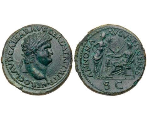 Nero. Æ Sestertius (22.31 g), AD 54-68. Lugdunum, ca. AD 65. NERO CLAVD CAESAR AVG GER P M TR P IMP P P, laureate head of Ner