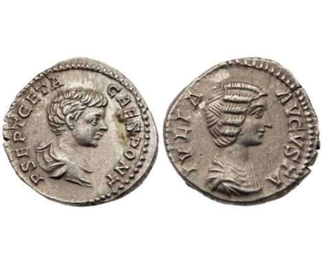 Julia Domna, with Geta, as Caesar. Silver Denarius (2.91 g), Augusta, AD 193-217. Rome, under Septimius Severus and Caracalla