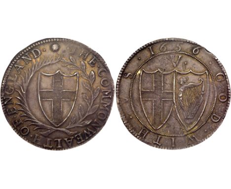 Commonwealth (1649-60). Silver Crown, 1656, second 6 of date struck over 4, English shield within laurel and palm branch, leg