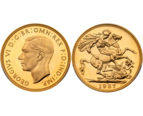 George VI (1936-52), Gold Proof Two Pounds, 1937. Bare head facing left, tiny HP below for designer Humphrey Paget, legend an