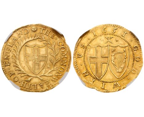 Commonwealth (1649-60). Gold Half-Unite or Double Crown of ten shillings, 1651, the 1 of date struck over 0, variety without 