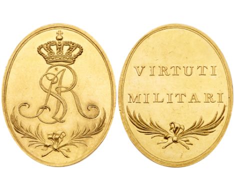 Virtuti Militari Medal, 1792. Gold. Oval, 43 x 34mm. 19th Century restrike. Collector's mark of Count Emeryk Hutten-Czapski w