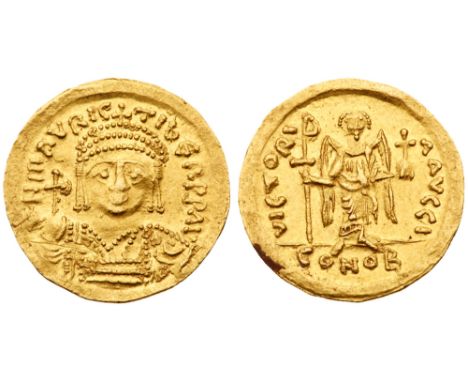 Maurice Tiberius (A.D. 582-602). Gold Solidus (4.37 g, 6h). Mint of Constantinople. D N MAVRIC TibER PP AV, crowned and cuira