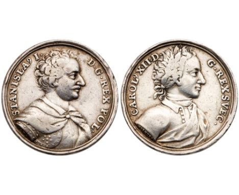 Dual Portrait Medal, nd. Silver, 33mm. 14.12g. By Christian Wermuth. Draped and armored bust of Leszczy?ski right, C.W. on sl